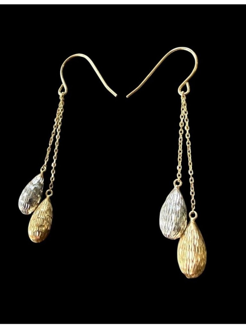 Signed JCM 14K Two Tone Gold Diamond Cut Teardrop Dangle Earrings 1.4g Estate